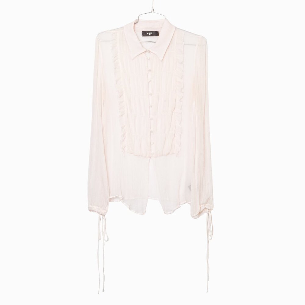 AMIRI Light Pink Semi Sheer Long Sleeve Ruffled Button Down Shirt - IT 42 / US 6